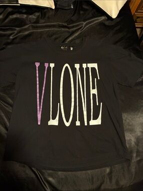 VLONE Black Tee with White & Lavender Logo